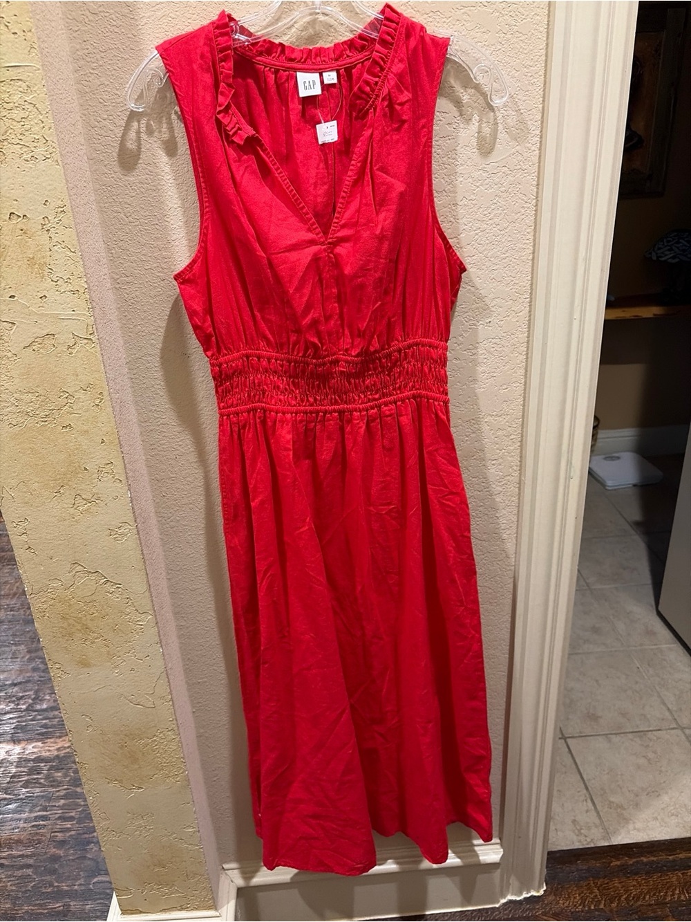 GAP Red Sleeveless Ruffle-Trim V-Neck Midi Dress